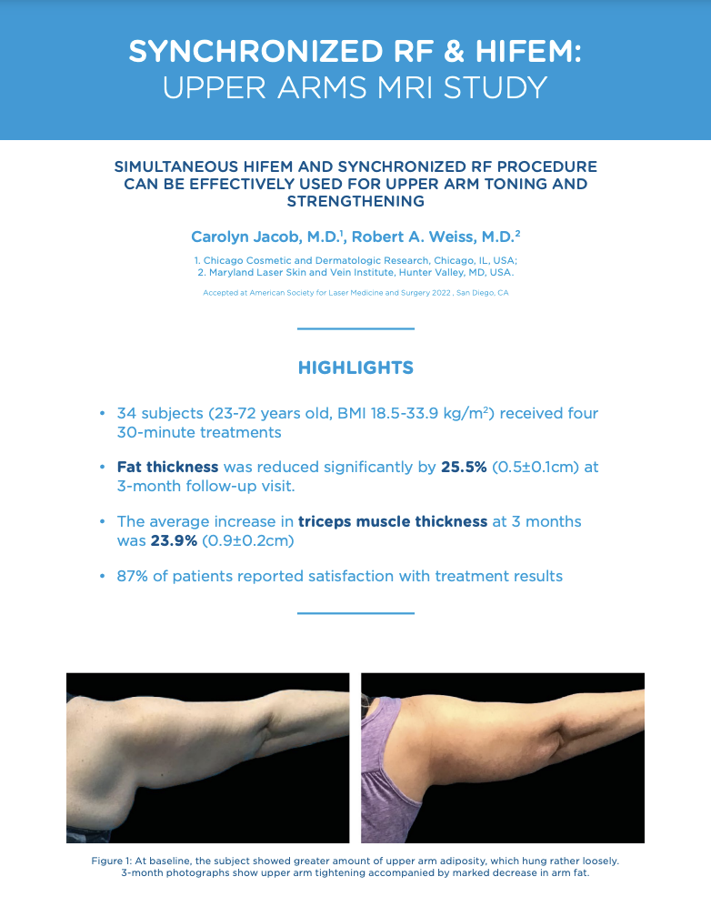 Upper arms MRI study summary with baseline and three-month arm photographs